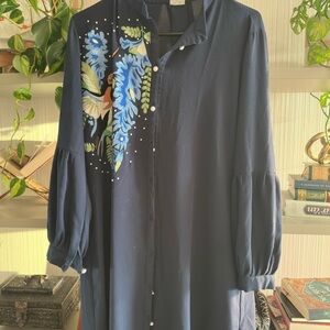 Navy Blue Button-Up Dress with Floral Design